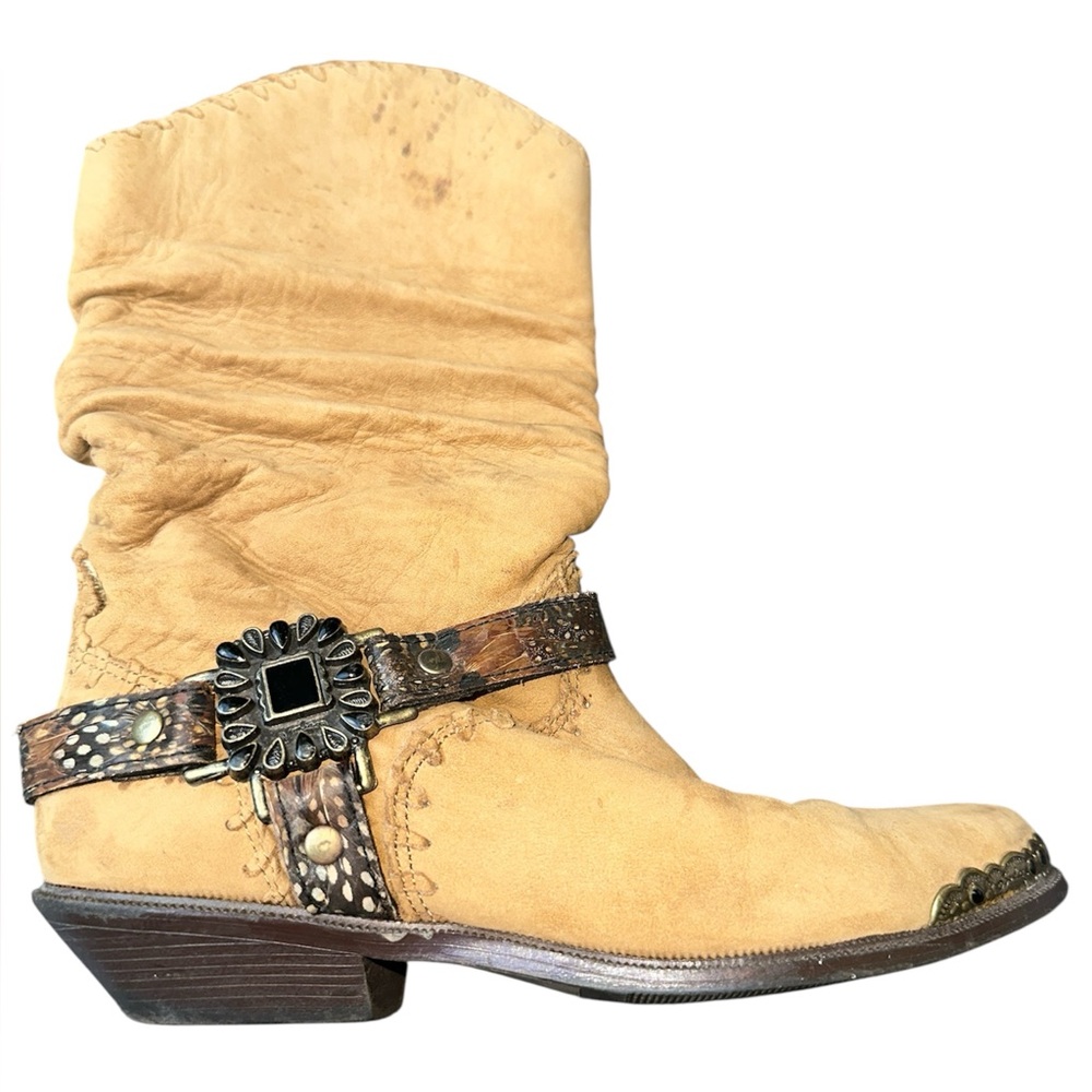 Zodiac Brown Suede Cowgirl Boots Rosette Heel & Toe Tips
